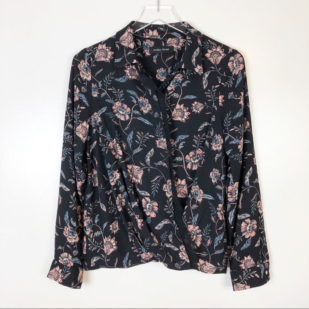 Ivanka Trump | Black Floral Wrap Button Blouse M